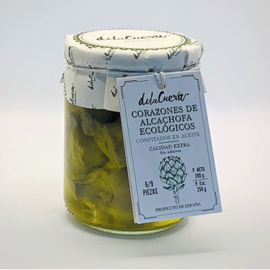 Corazones de alcachofa ecológicos confitados en aceite" De La Cueva" 6/9 piezas 390gr