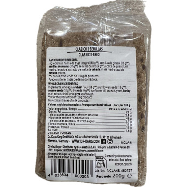 Pan crujiente integral clásico con 3 semillas " Dr. Karg's" 200gr